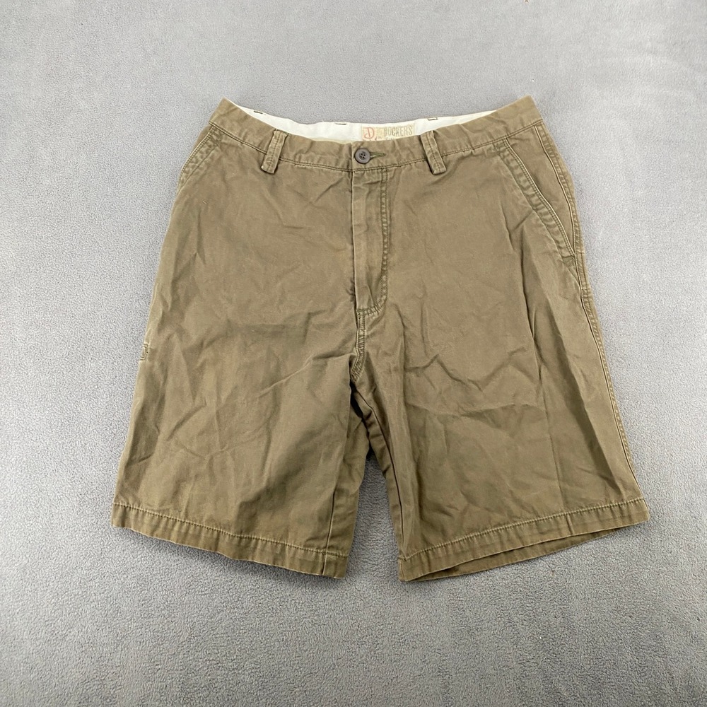 Vintage Dockers Washed Khaki Shorts Mens 34 Relaxed Fit Flat Front Olive Tan